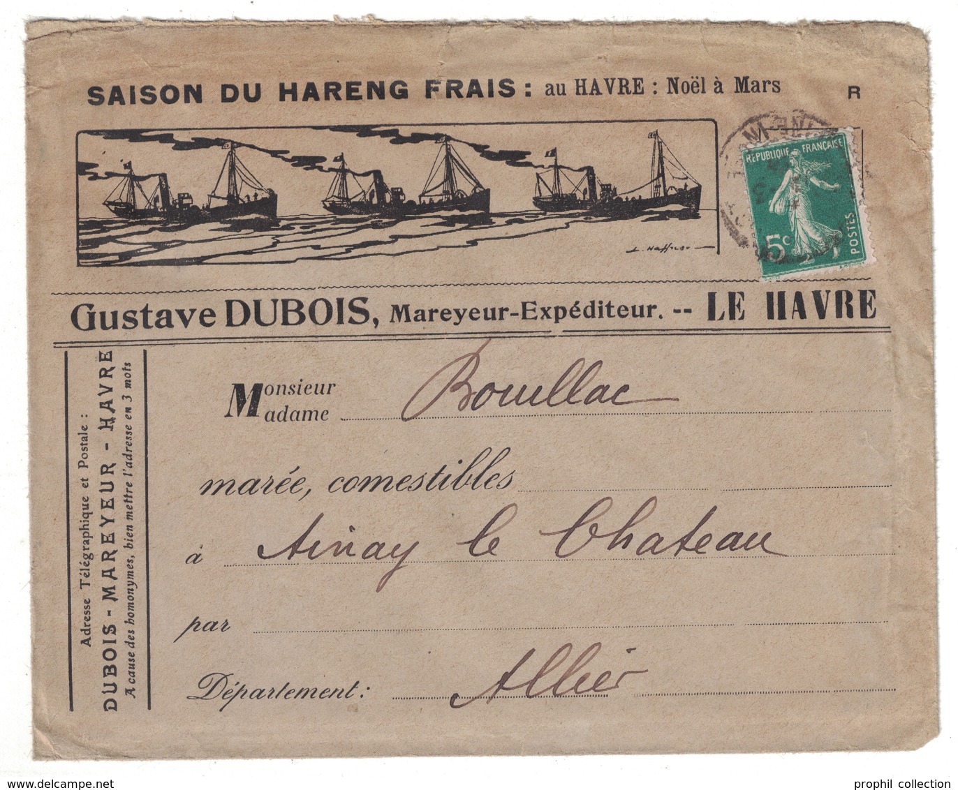 ENVELOPPE ILLUSTRÉE " GUSTAVE DUBOIS " MAREYEUR SAISON DU HARENG FRAIS Avec BATEAUX DE PECHE LE HAVRE SEMEUSE ALLIER - 1877-1920: Période Semi Moderne