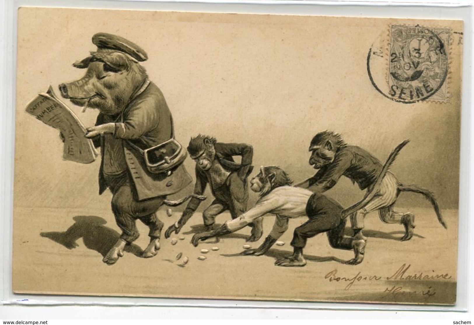 COCHONS Humanisés  Le Cochon Perdant Son Argent Ramassé Par Des Enfants Singes   CARTE GAUFREE   Début 1900    D01  2020 - Cochons