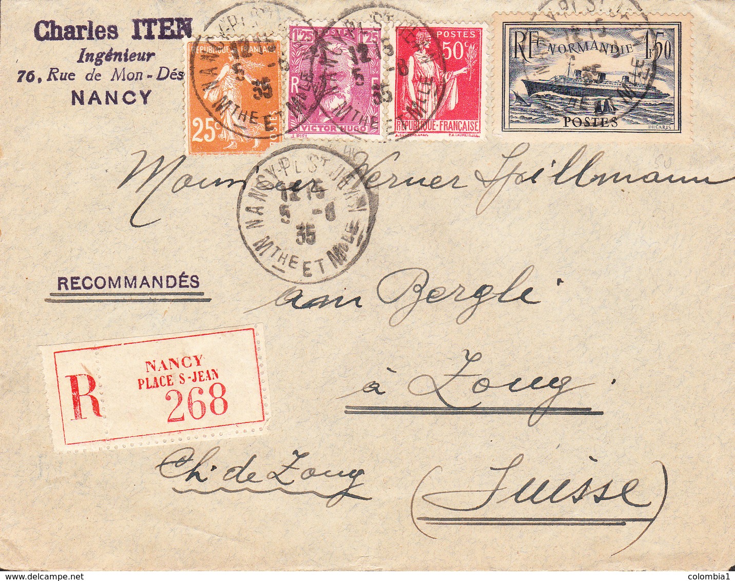 FRANCE Lettre Recommandée De NANCY Du 5/06/1935 Via ZOUG En Suisse - 1921-1960: Periodo Moderno