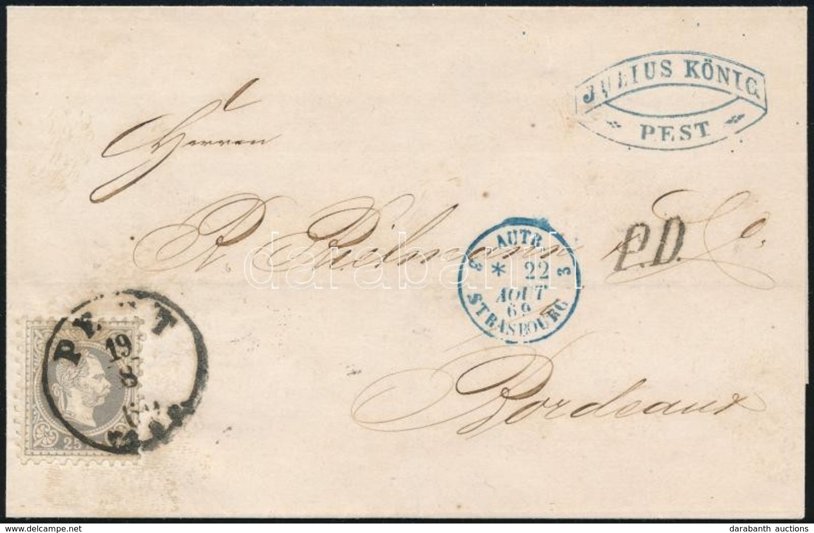 1869 25kr Szürkésibolya Bélyeg Franciaországba Küldött Levélen 'PEST VASP.' - 'WIEN - 'AUTR. STRASBOURG' - 'PARIS' - 'PA - Sonstige & Ohne Zuordnung