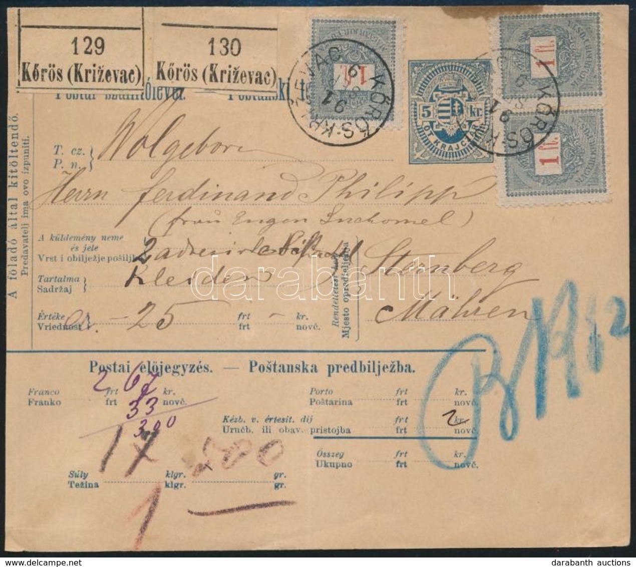 1891 Szállítólevél 3 X 1Ft Bérmentesítéssel 'KŐRÖS-KRIZEVAC' - Sternberg - Other & Unclassified
