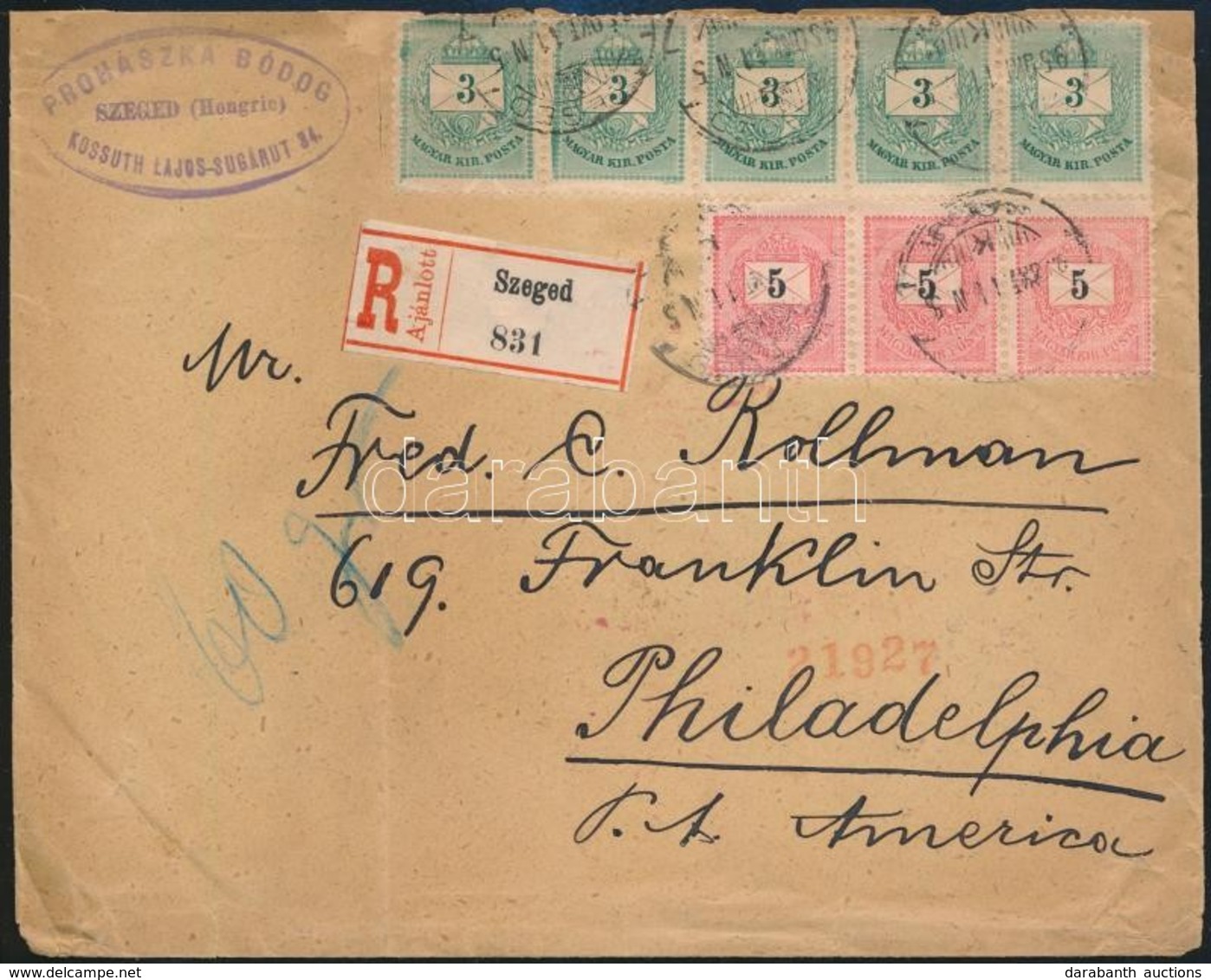 1895 Ajánlott Levél 5 X 3kr + 3 X 5kr Bérmentesítéssel 'SZEGED' - Philadelphia (USA) - Otros & Sin Clasificación