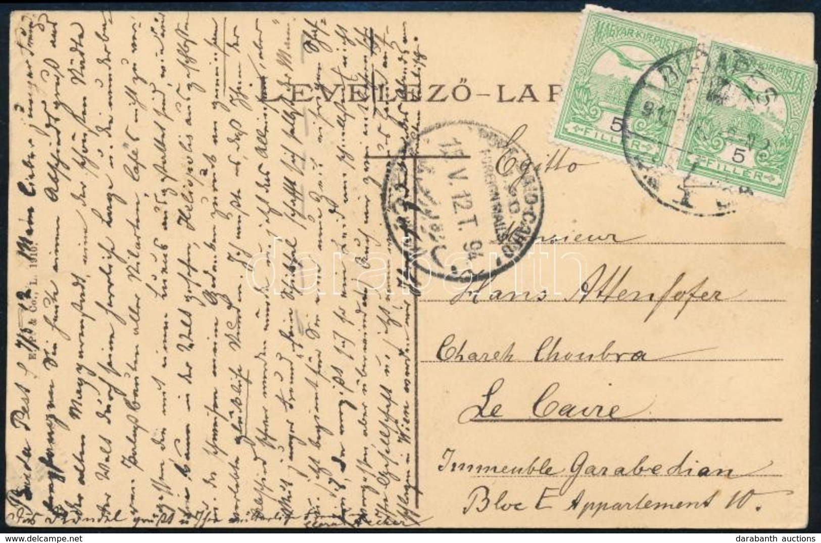 1912 Képeslap Turul 2 X 5f Bérmentesítéssel Egyiptomba Küldve, 'PORT SAID-CAIRO FOREIGN MAILS' Kétnyelvű érkezési Bélyeg - Otros & Sin Clasificación