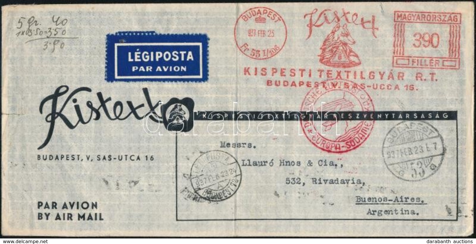 1937 Budapest-Argentína Légi Levél 390f Kistext Kispesti Textilgyár R.t Frankotyp Bérmentesítéssel 'DEUTSCHE LUFTPOST /  - Otros & Sin Clasificación