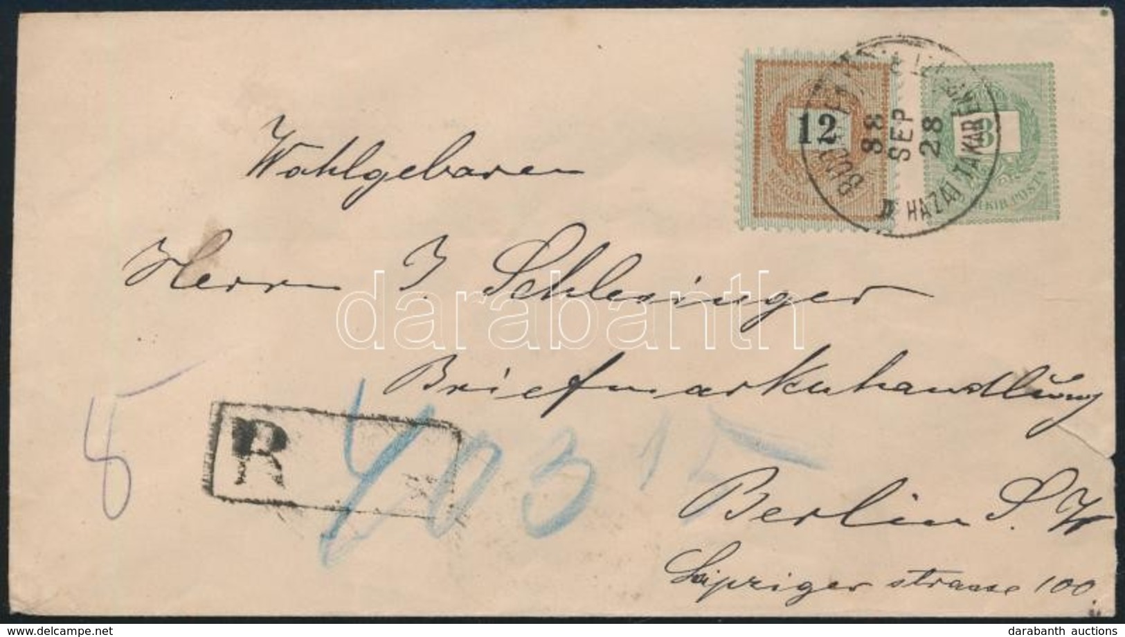 1888 Ajánlott 3kr Díjjegyes Levél 12kr Díjkiegészítéssel 'BUDAPEST / HAZAI TAKARÉKPÉNZTÁR' - Berlin - Otros & Sin Clasificación