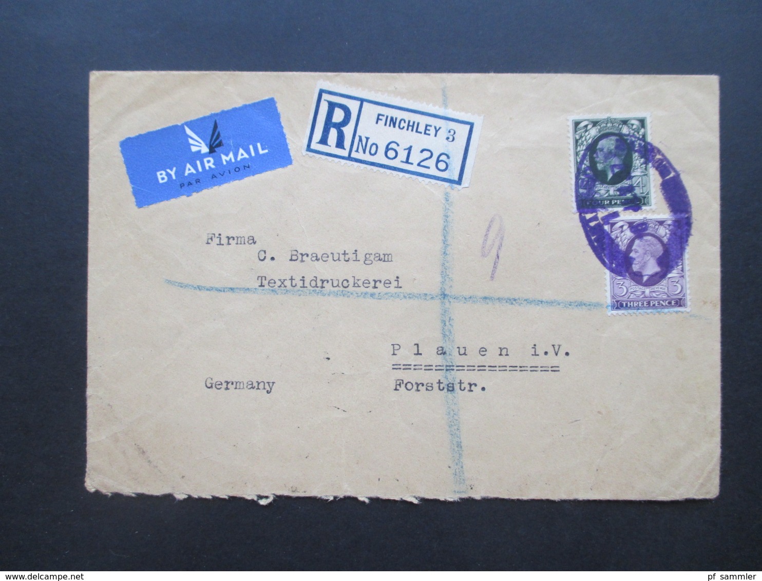 GB 1937 Georg V Nr. 180 / 181 MiF Violetter Registered Stempel Einschreiben Finchley 3 Nach Plauen Rücks. 5 Stempel - Briefe U. Dokumente