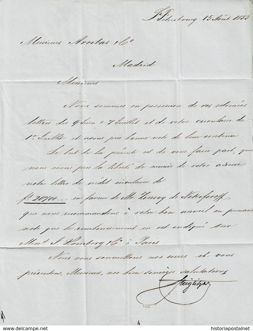 1853. SAN PETERSBURGO A MADRID. MARCA PRUSSE. RECUADRADA ROJO. PORTEO 4 REALES. MNS. FRANCIA VIA STETTIN. MUY BONITA. - ...-1857 Préphilatélie