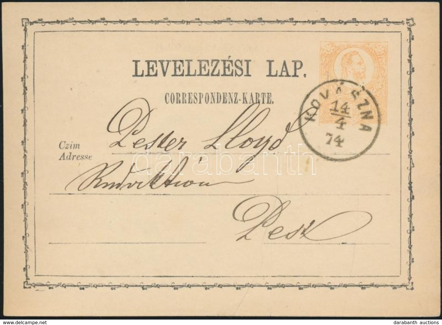 1874 2kr Díjjegyes Levelezőlap / PS-card 'KOVÁSZNA' - Budapest/Főposta - Other & Unclassified