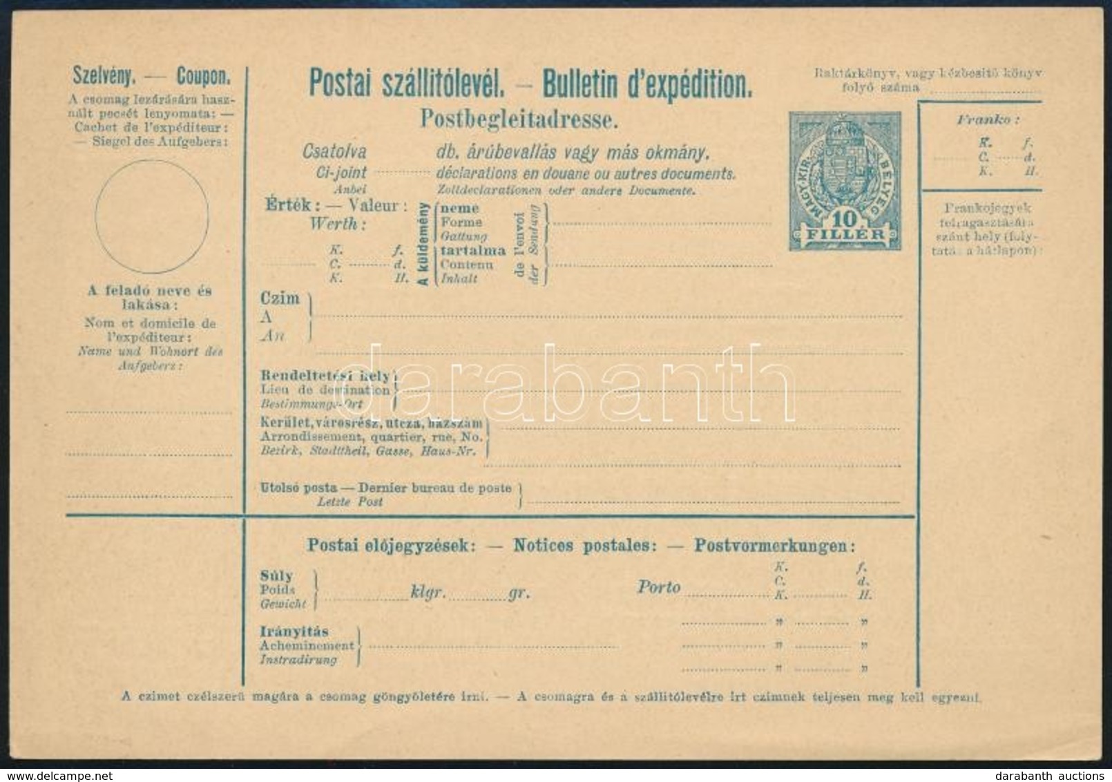 ~1910 10f Használatlan Postai Szállítólevél, Fehér, Három Nyelvű - Otros & Sin Clasificación