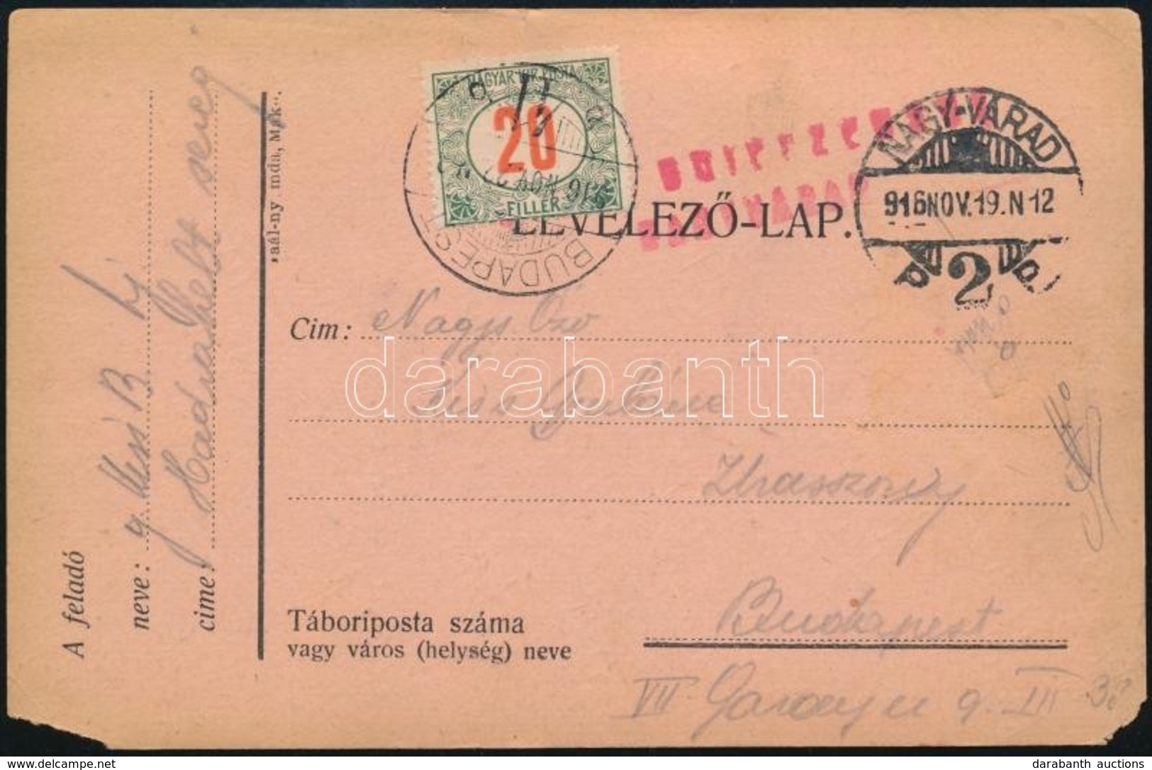 1916 Cenzúrás Levelezőlap 20f Portóval 'NAGYVÁRAD' - 'BUDAPEST' - Otros & Sin Clasificación