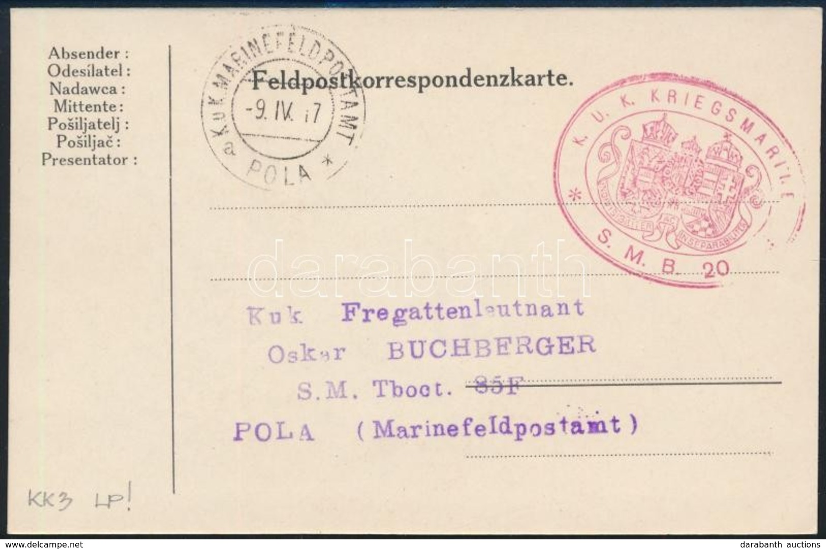 1917 Tábori Lap / Field Postcard 'S.M.B. 20' + 'MFP POLA A' - Otros & Sin Clasificación