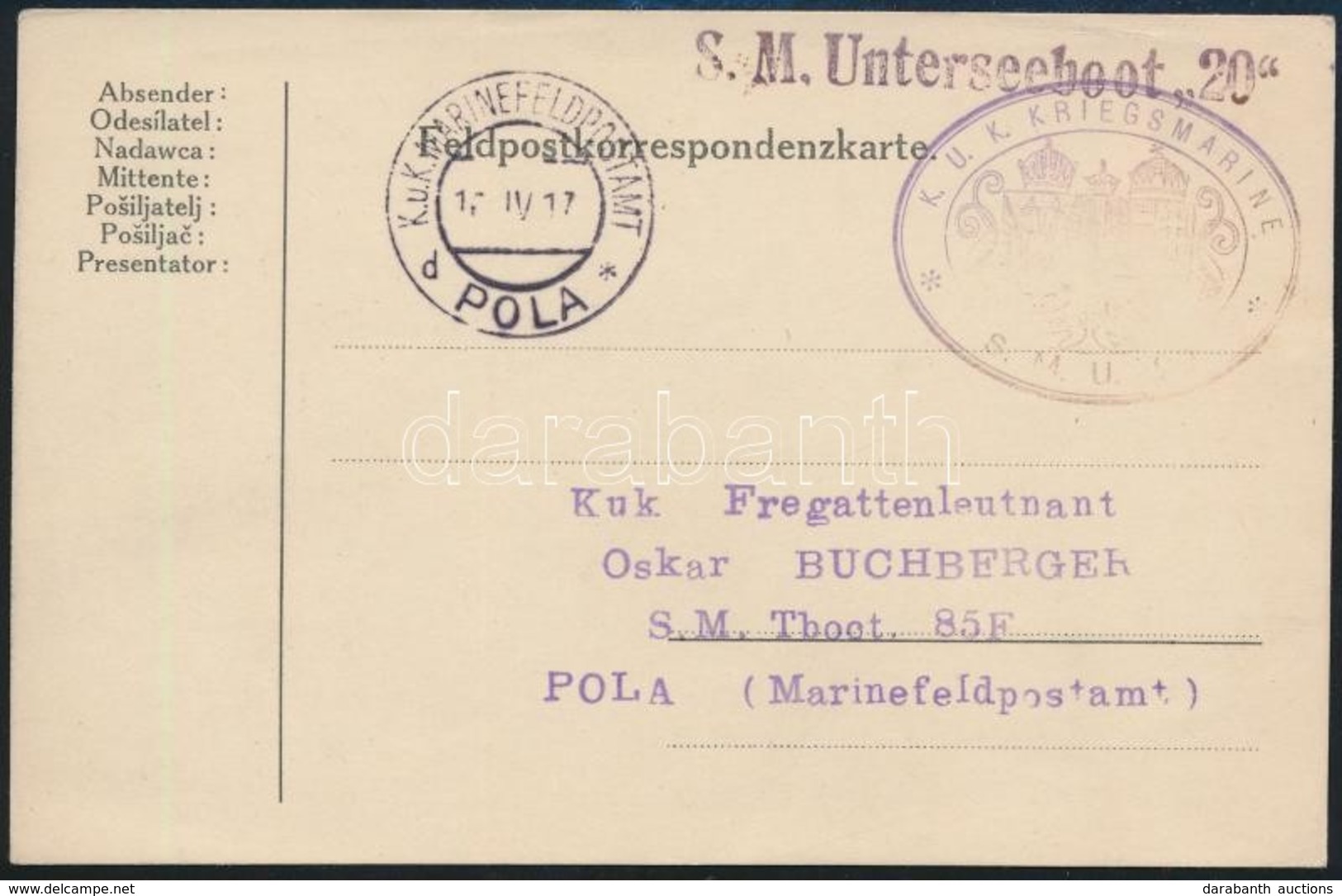 1917 Tábori Lap / Field Postcard 'S.M.U. 20' + 'S.M. Unterseeboot 20' +'MFP POLA D' - Otros & Sin Clasificación