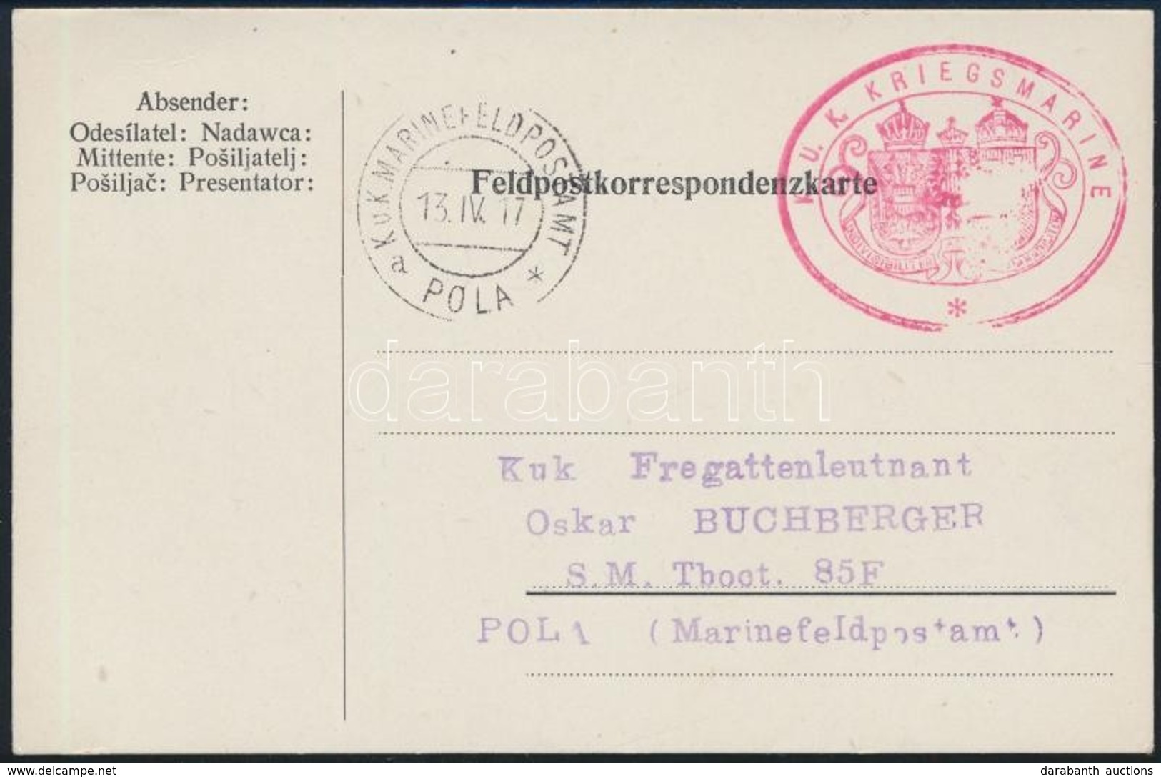 1917 Tábori Lap / Field Postcard 'K.U.K. KRIEGSMARINE' +  'MFP POLA A' - Otros & Sin Clasificación