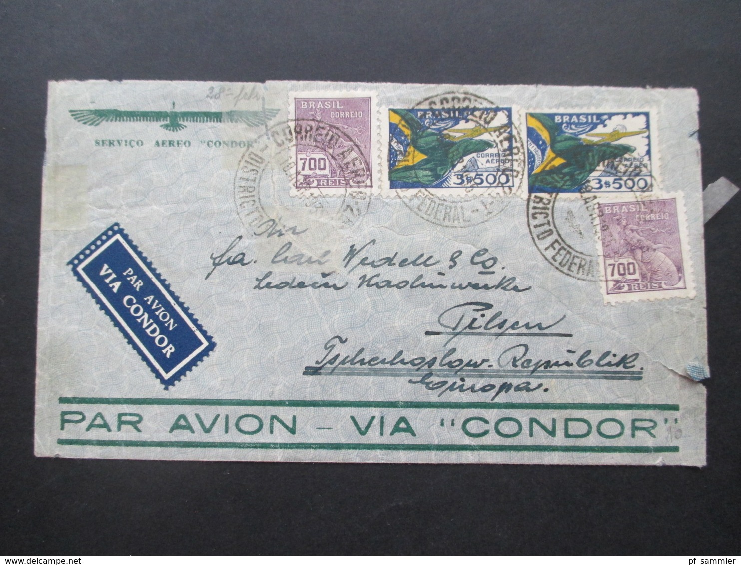 Brasilien 1935 Par Avion Voa Condor Nach Pilsen CSR Michel Nr. 388 (2) MiF Servico Aereo Condor - Briefe U. Dokumente