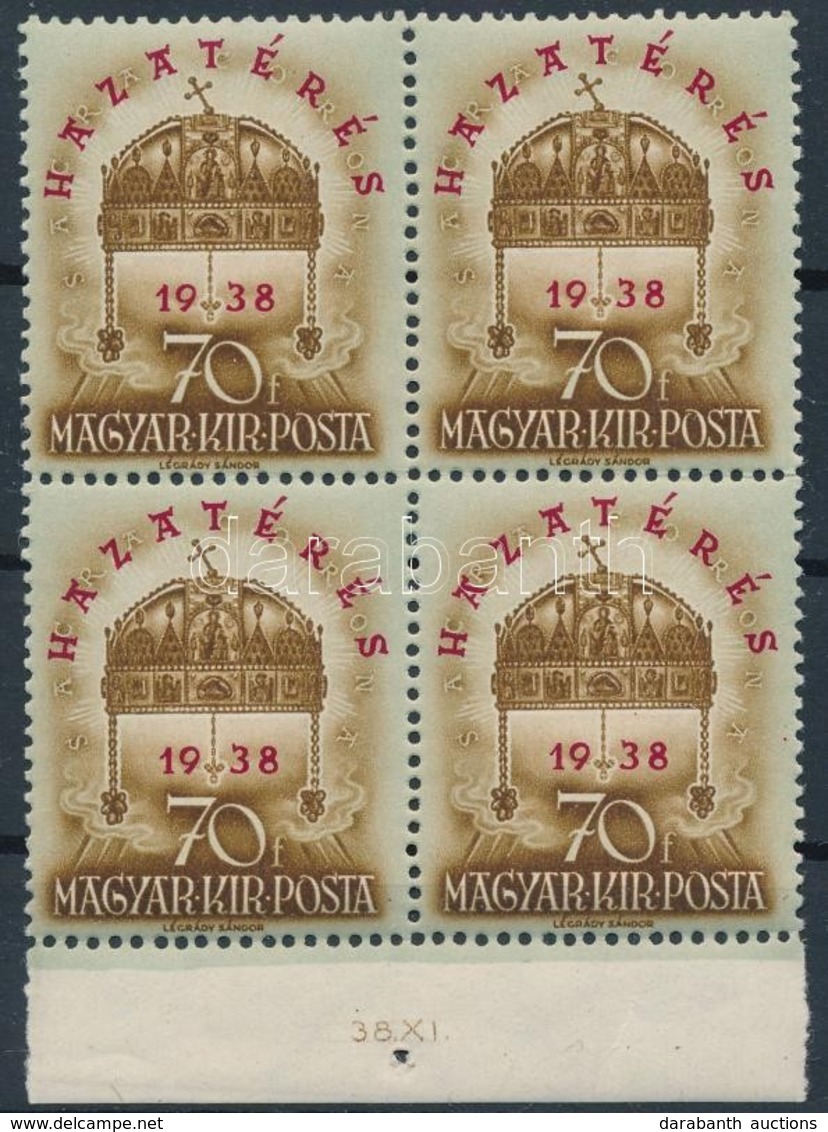 ** 1938 Hazatérés 70f Négyestömb ívszéli Dátummal - Otros & Sin Clasificación