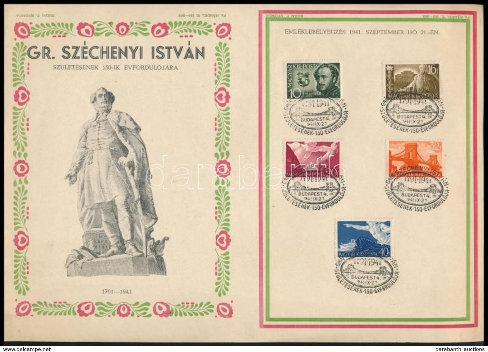 1941 Gróf Széchenyi István (I.) Sor Emléklapon Alkalmi Bélyegzővel - Otros & Sin Clasificación