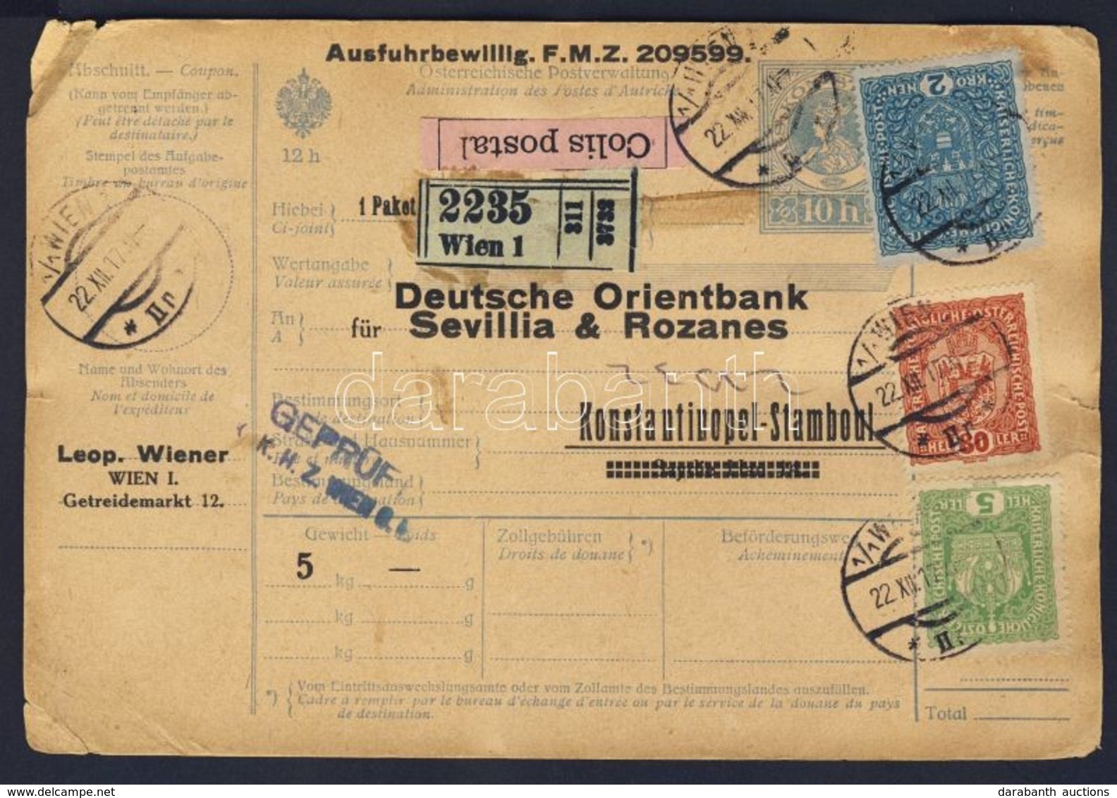 1917 Csomagszállító Törökországba / Parcel Card To Turkey - Otros & Sin Clasificación