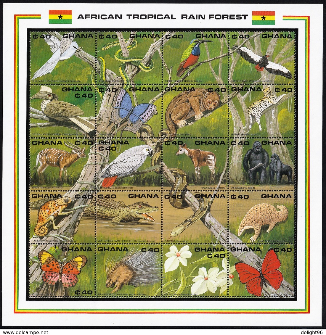 1990 Ghana African Tropical Rain Forest Wildlife: Birds, Butterflies, Mammals, Reptiles Minisheet (** / MNH / UMM) - Sonstige & Ohne Zuordnung