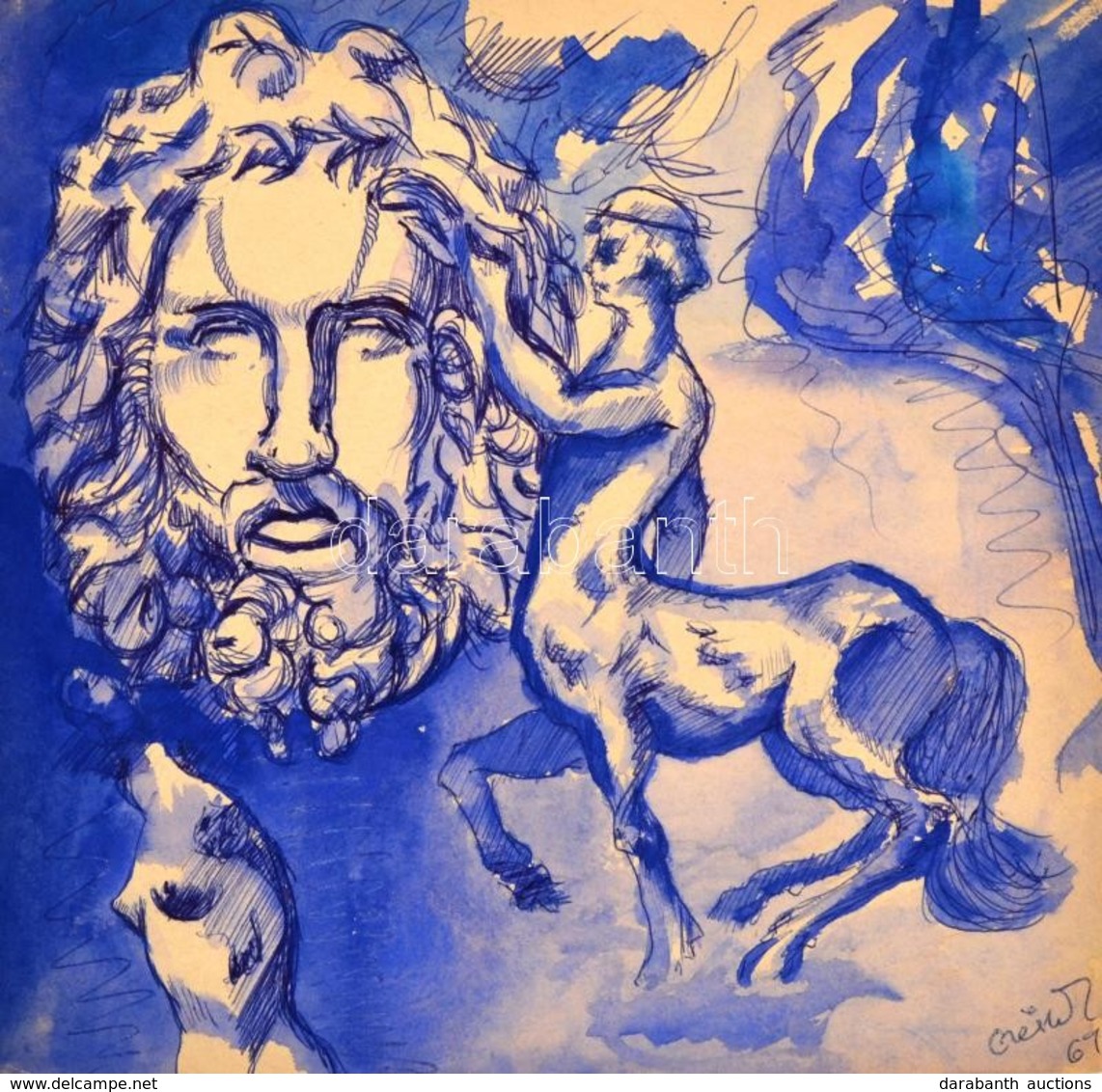 Czeizek György (1953-1980): Kentaur és Görög Fej (tanulmány). Tus, Papír, Jelzett, 26×26,6 Cm - Otros & Sin Clasificación