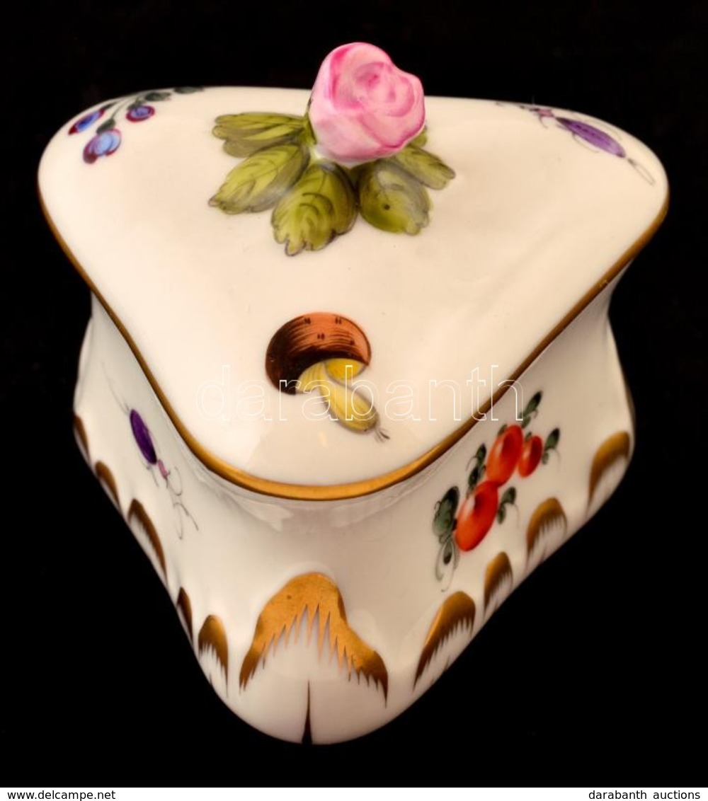 Herendi Kis Virágos Porcelán Bonbonier, Kézzel Festett, Jelzett, Hibátlan, 7×7×7 Cm - Otros & Sin Clasificación