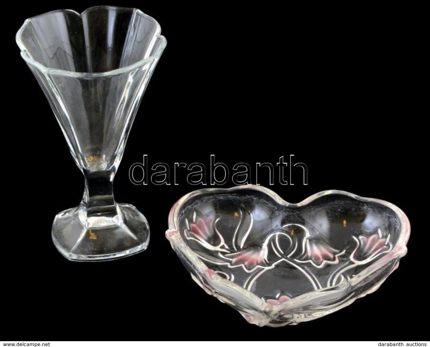 Tulipános Szív Alakú üveg Tálka + Talpas Váza, Kis Kopásnyomokkal, 15×16 Cm, M: 15 Cm - Vidrio & Cristal