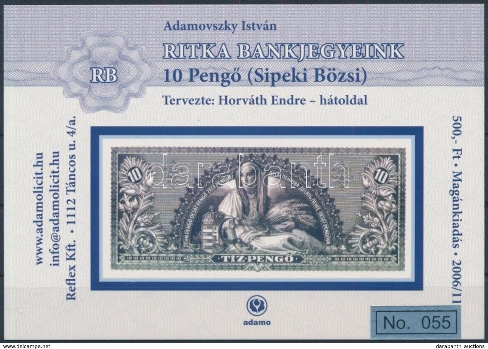 2006 Ritka Bankjegyeink- 10 Pengő (Sipeki Bözsi) Hátoldal Emlék Képeslap No 055 - Sin Clasificación