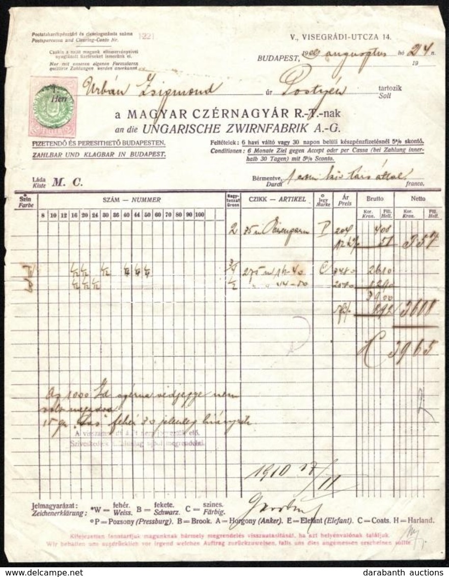 1909 Magyar Czérnagyár RT Számla - Sin Clasificación