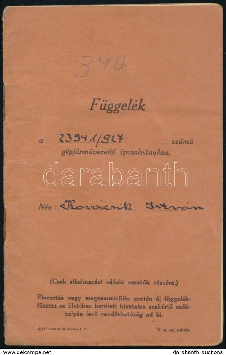 1930 Függelék Gépjárművezetői Igazolványhoz, Benne A 'Székesfővárosi Autobusüzem' Pecsétjével - Sin Clasificación