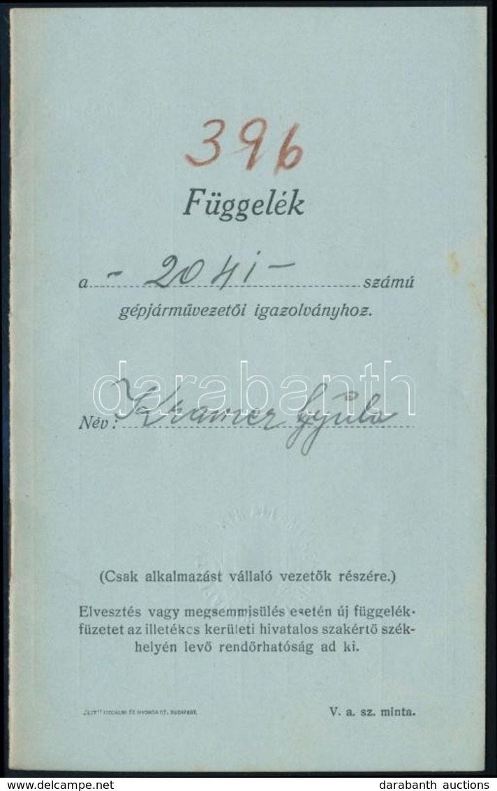 1930 Függelék Gépjárművezetői Igazolványhoz, Benne A 'Székesfővárosi Autobusüzem' Pecsétjével - Sin Clasificación