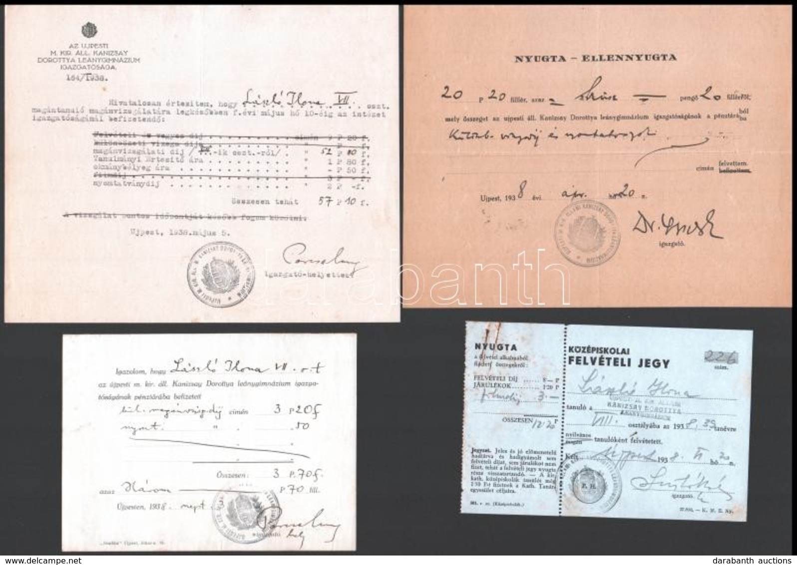 1932-1938 5 Db Újpesten Kiállított Okmány (középiskolai Felvételi Jegy, Nyugta, Stb.) - Sin Clasificación