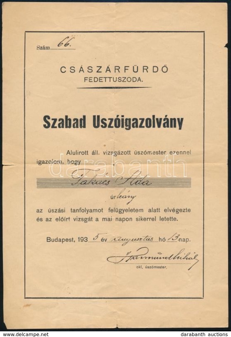 1935 Bp., Császárfürdő Fedettuszoda Szabad úszóigazolvány - Sin Clasificación