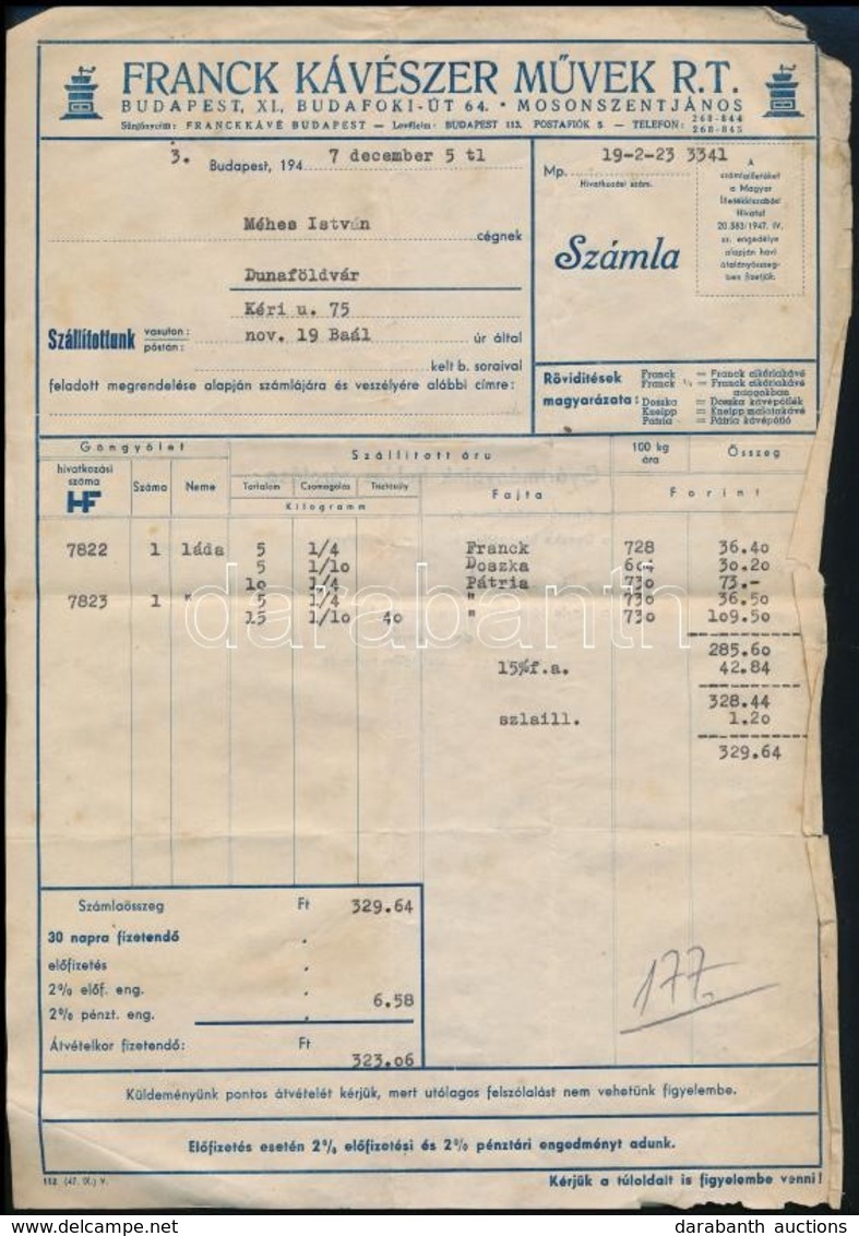 1947 Bp. IX., Franck Kávészer Művek Rt. Fejléces Számla - Sin Clasificación