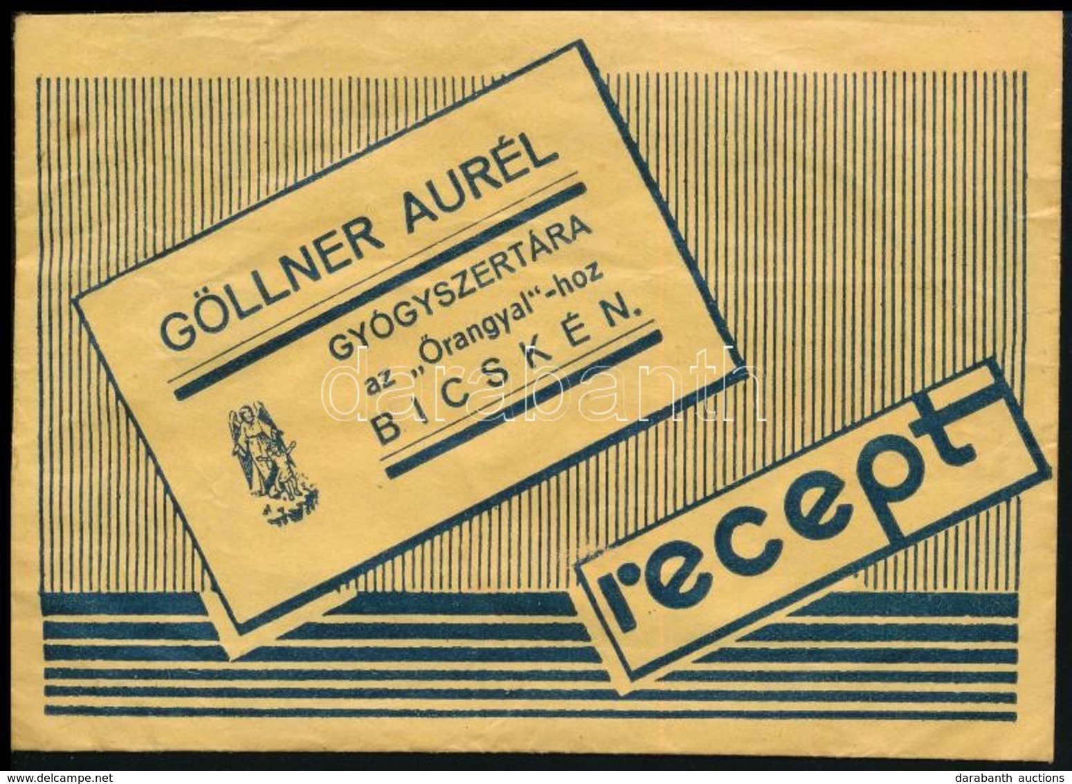 1935 Bicske, Göllner Aurél Gyógyszertára Az 'Őrangyal'-hoz Gyógyszertári Recept Boríték, Benne Recepttel (Felcsút, Dr. C - Publicidad