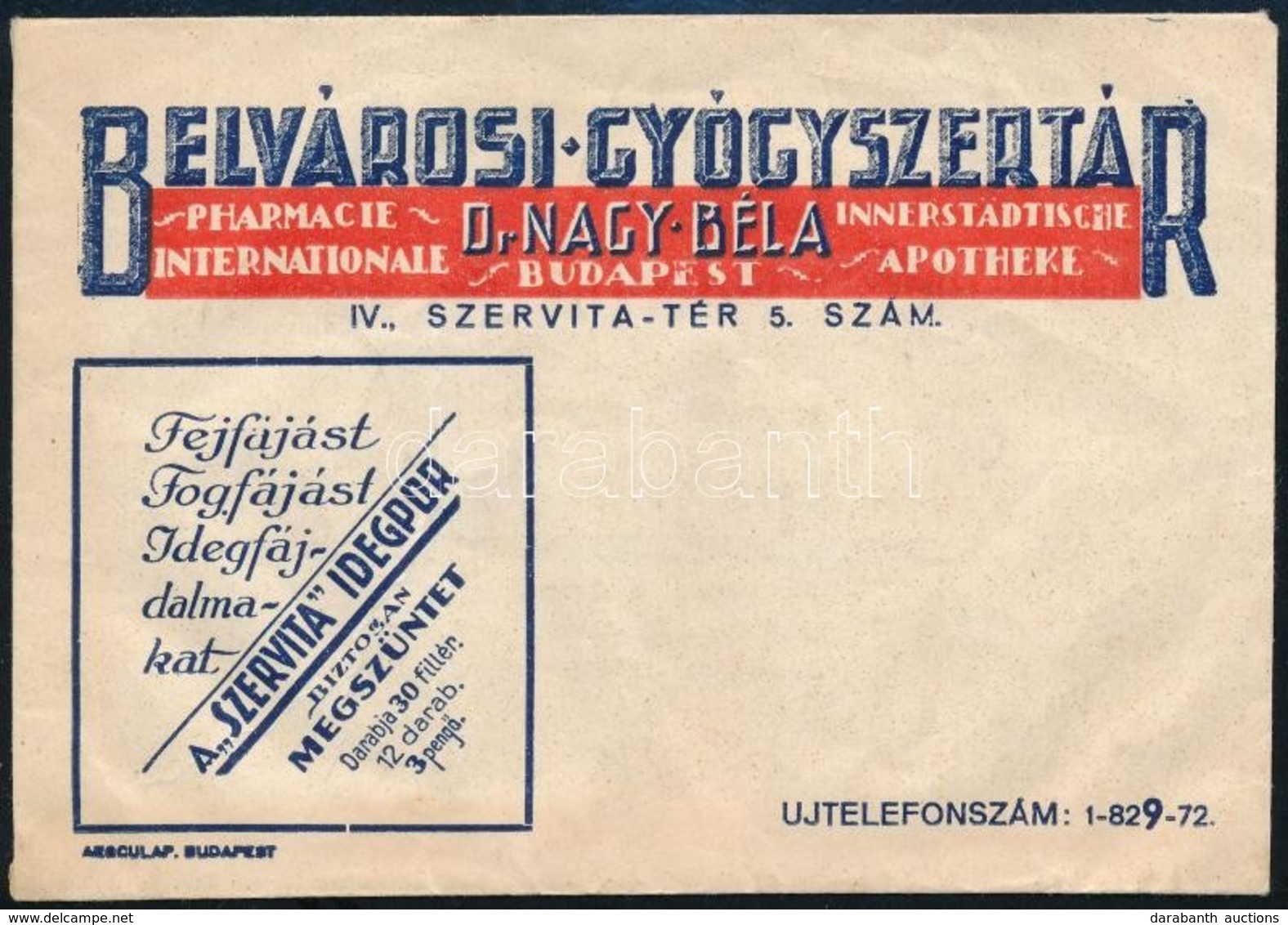 Dr. Nagy Béla Belvárosi Gyógyszertár (Budapest Szervita Tér) Receptboríték - Publicidad