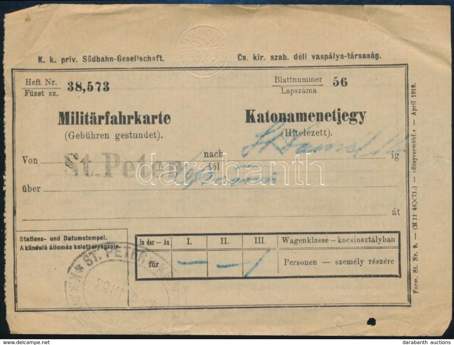 1907 Cs. Kir. Szab. Déli Vaspálya-társaság Katonamenetjegy - Otros & Sin Clasificación