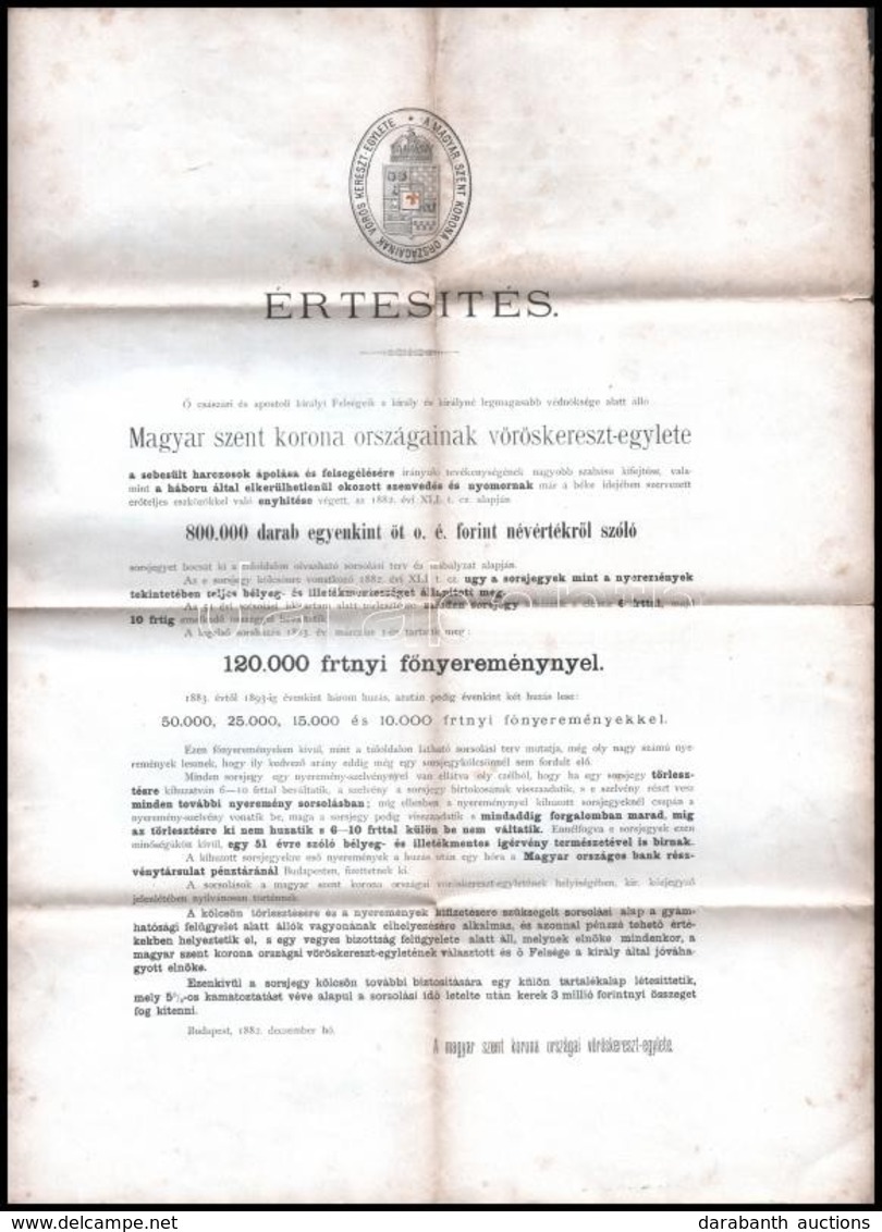 1882 Értesítés A Magyar Szent Korona Országainak Vöröskereszt-egylete Sorsjátékáról, Sebesült Harcosok és Háború Miatt N - Otros & Sin Clasificación