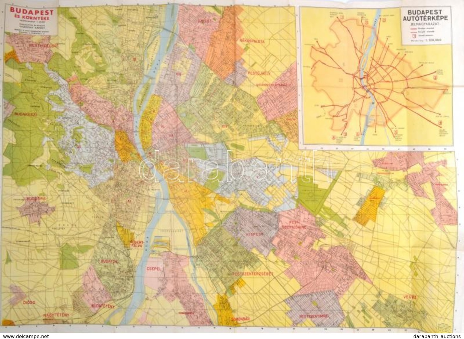 1947 Budapest és Környékének Térképe, Rajzolta: Valentiny Károly, Kiadja: Gergely R. Könyvkereskedése, 44×118 Cm - Otros & Sin Clasificación