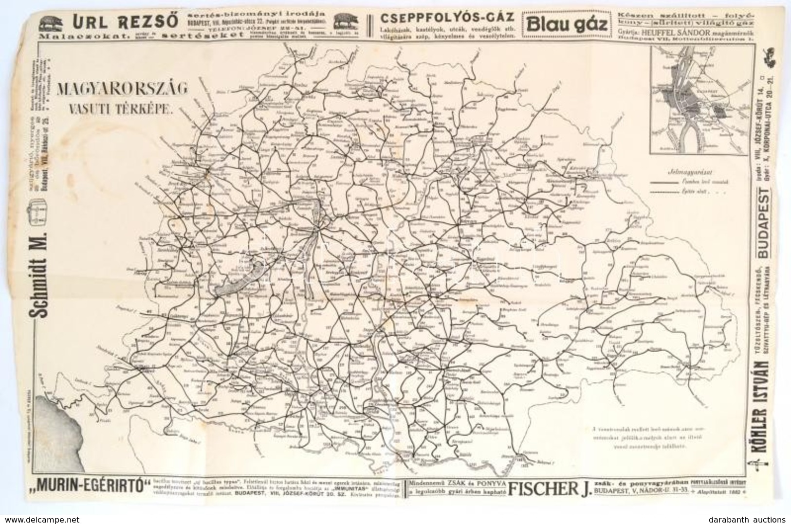 Cca 1910 Magyarország Vasuti Térképe, Bp. Posner és Fia, A Lapszélen Korabeli Reklámokkal, Hajtásnyomokkal, Kissé Foltos - Otros & Sin Clasificación