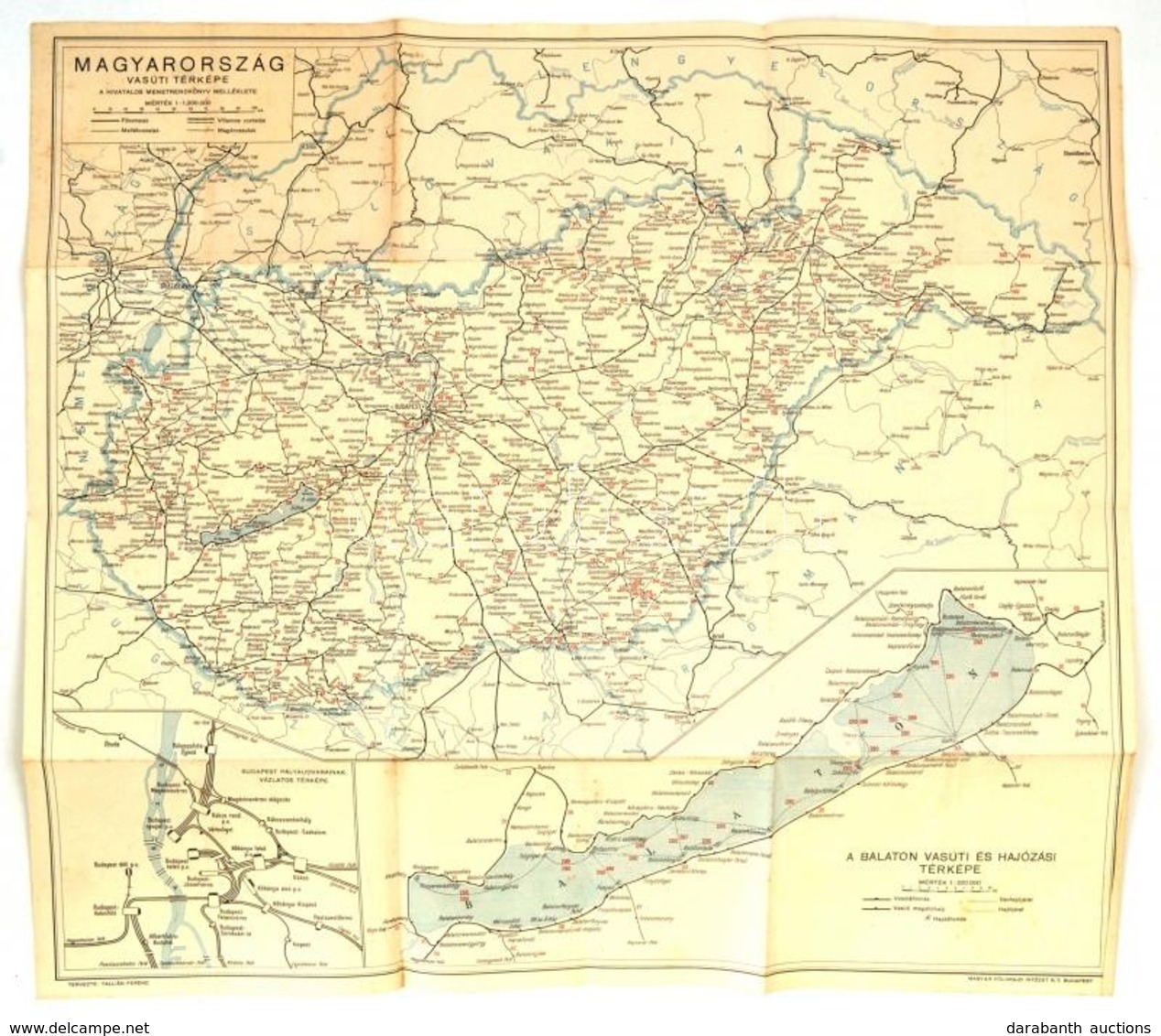 Cca 1940 Magyarország Vasúti Térképe, A Hivatalos Menetrendkönyv Melléklete, Balatoni Vasúti és Hajózási Térképpel, 1:1, - Otros & Sin Clasificación