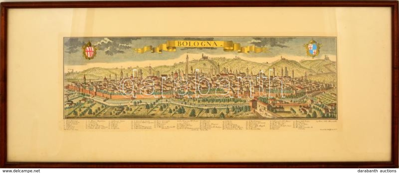 Bologna Látképe, Színezett Mélynyomás, Reprint, üvegezett Fa Keretben, 22x61 Cm. - Otros & Sin Clasificación