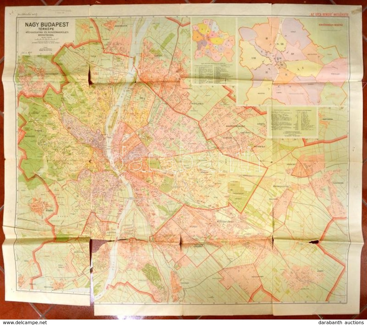 1947 Nagy Budapest Térképe, Közigazgatási és Rendőrkerületi Beosztással, Kiadja: Honvéd Térképészeti Intézet, Sok Szakad - Otros & Sin Clasificación