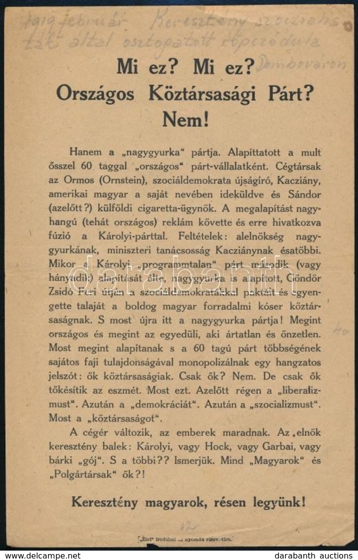 1919 'Mi Ez? Országos Köztársasági Párt?' - Keresztényszocialisták által Osztogatott Röplap - Sin Clasificación