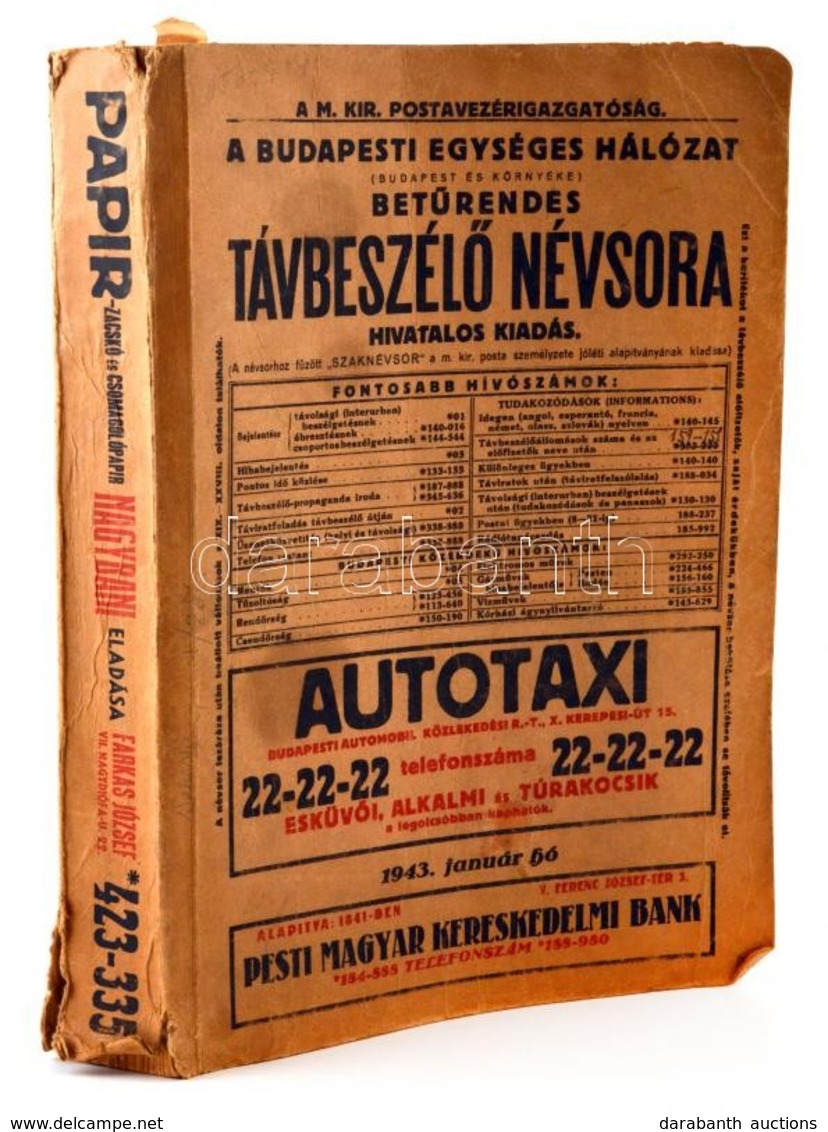 1943 Budapesti Egységes Hálózat Betűrendes Távbeszélő Névsora. Telefonkönyv. - Sin Clasificación