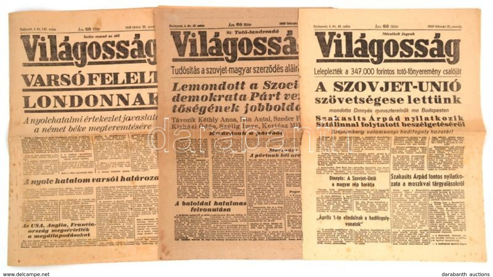 1948, A Világosság Című újság 42,46,145. Száma, Hiányosak, Oldalak Enyhén Foltosak - Sin Clasificación