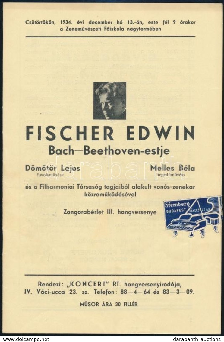 1934 'Koncert' Hangversenyvállalat Rt. Műsorfüzete. Benne: Fischer Edwin Bach-Beethoven-estjével, Rachmaninoff Zongoraes - Otros & Sin Clasificación