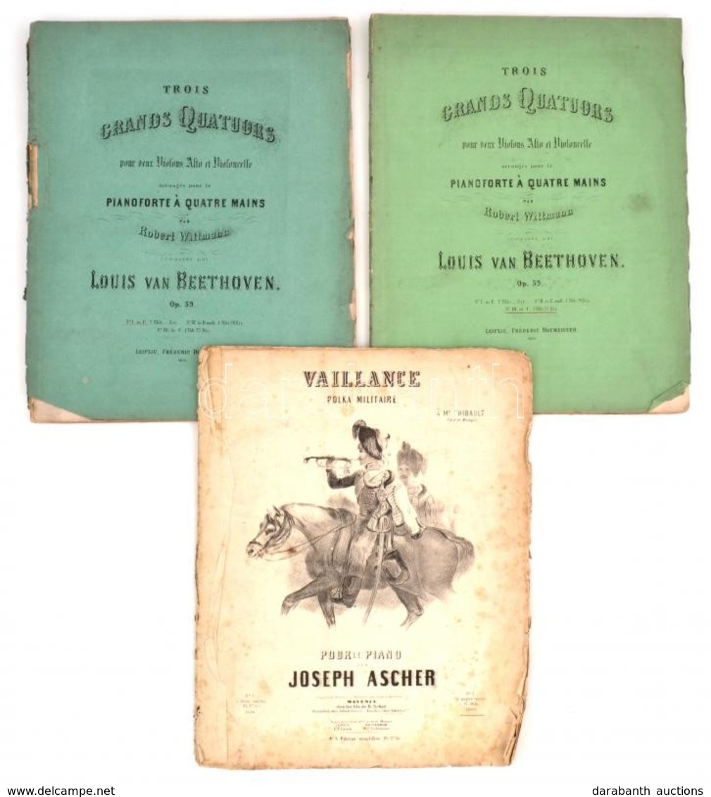 3 Db Régi Kotta: 
Joseph Ascher: Vaillance. Polka-Militaire, 
Ludwig Van Beethoven: Trois Grands Quatuors.. Op. 59. Leip - Otros & Sin Clasificación