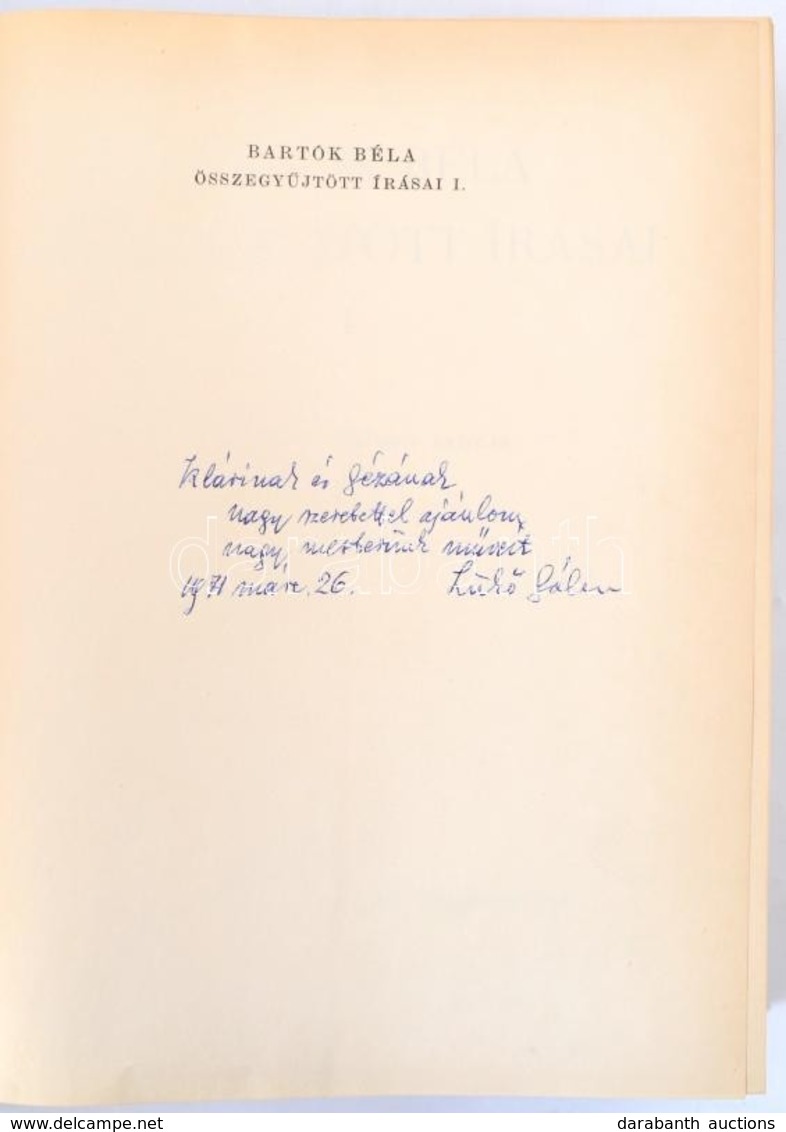 Bartók Béla összegyűjtött írásai I.  Közreadja Szőllősy András. Bp., 1966., Zeneműkiadó. Kiadói Egészvászon-kötés. Megje - Otros & Sin Clasificación