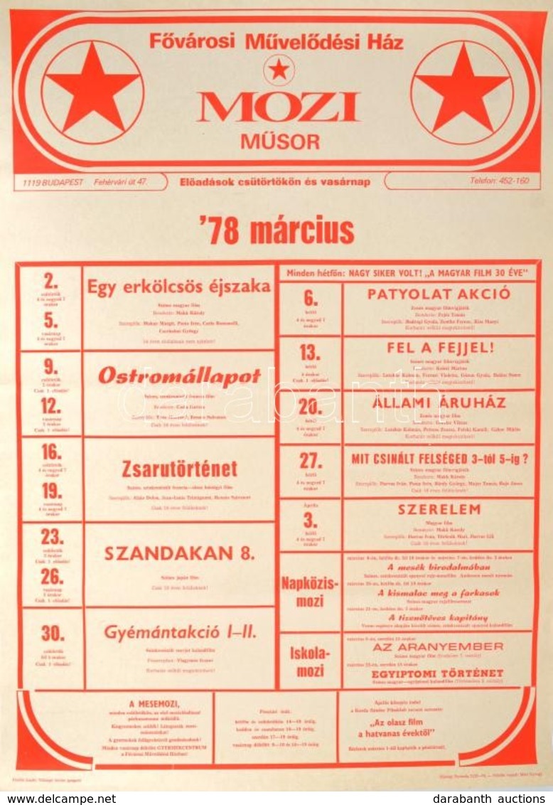 1978 Fővárosi Művelődési Ház Moziműsor, Plakát, 69×50 Cm - Otros & Sin Clasificación