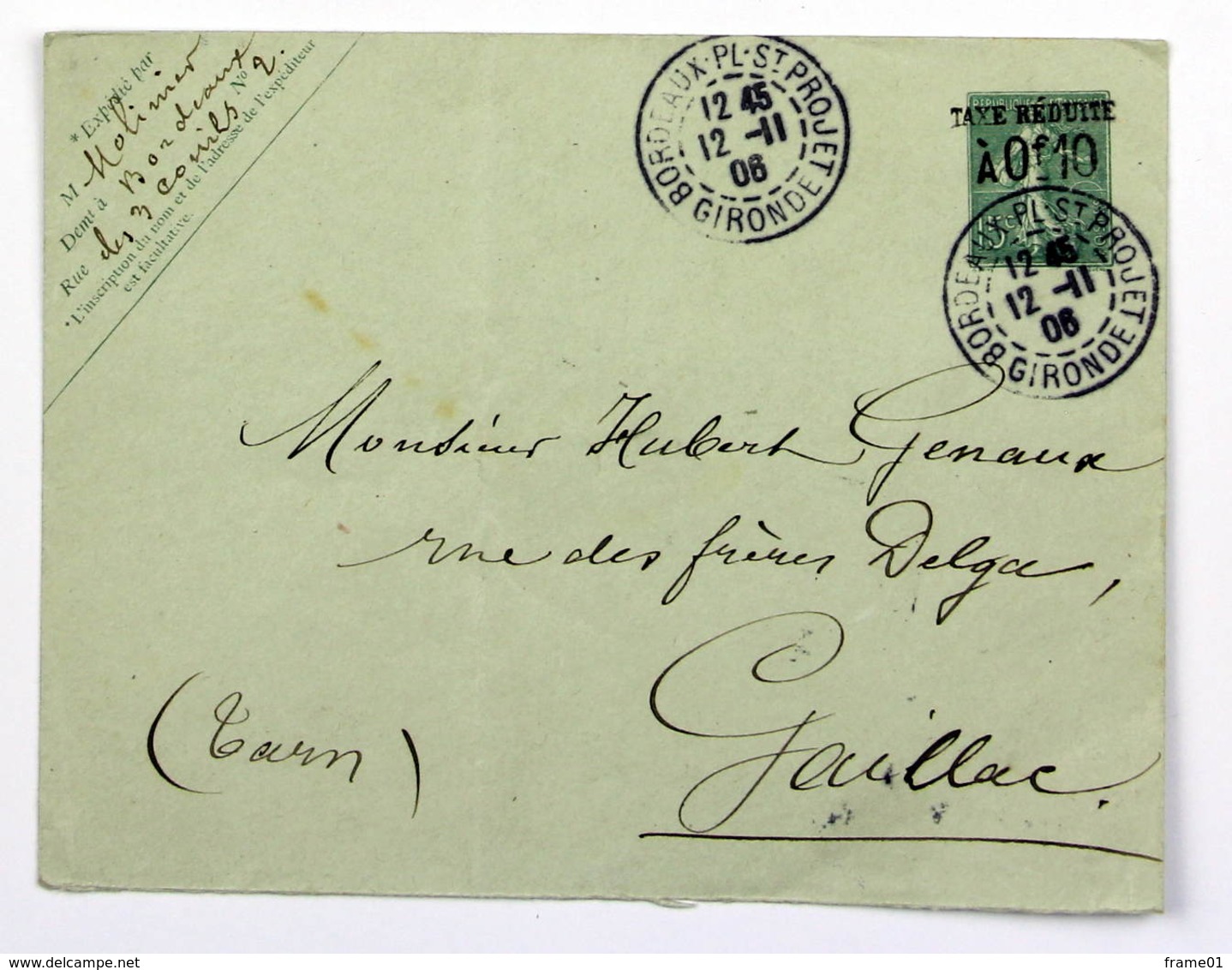 Lettre 1906 Bordeaux St Projet --> Gaillac, Entier Postal Semeuse 15c Surchargé Taxe Réduite 10c - Storia Postale