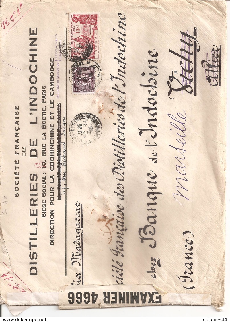 2 Lettres De Saigon Pour La France 1940 Distilleries De L Indochine Par Bateau Via Madagascar 1 Avec Censure Britannique - Lettres & Documents